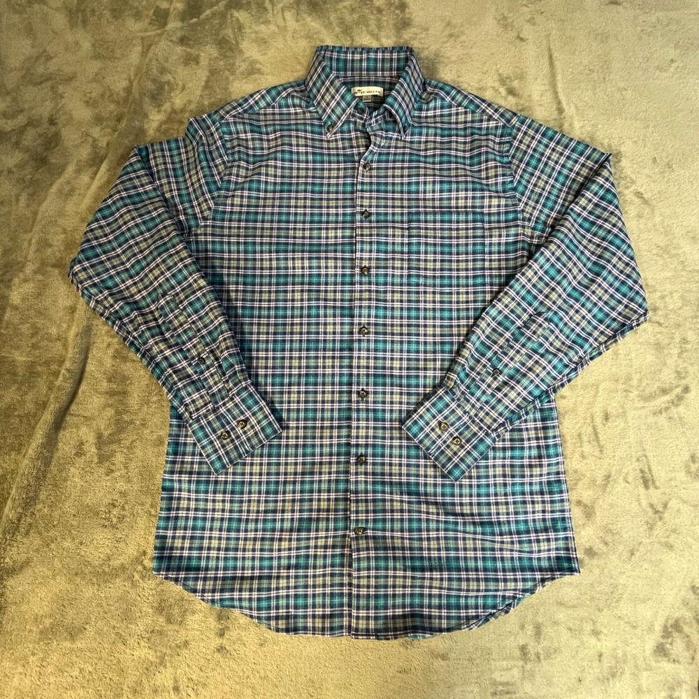 Peter Millar Button Down Shirt Mens M Blue Green‎ Plaid MF18EW63BL Long Sleeve